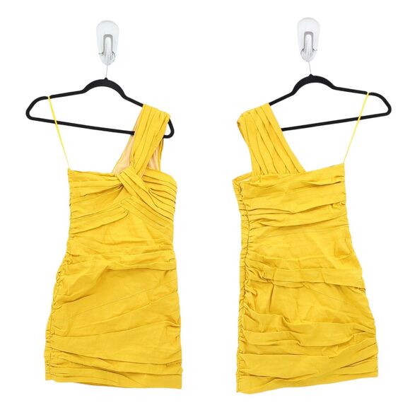 ALC Women 0 Apollo Dress Yellow Mini One Shoulder Linen Twisted Ruched Boned NEW - Picture 1 of 7